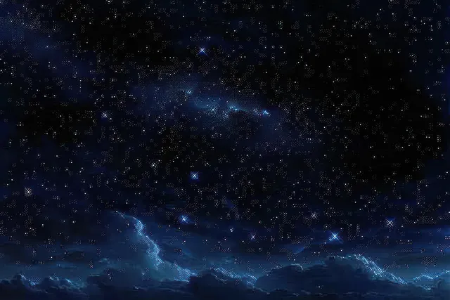 Milky Way galaxy stretches across a dark night sky above glowing wispy clouds and countless twinkling stars.