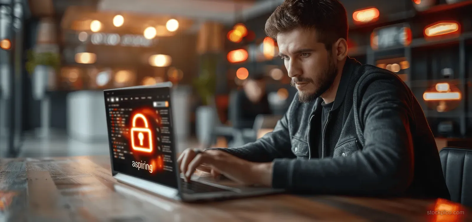 A man types on a laptop in a dim cafe as a glowing padlock security alert appears on the screen.