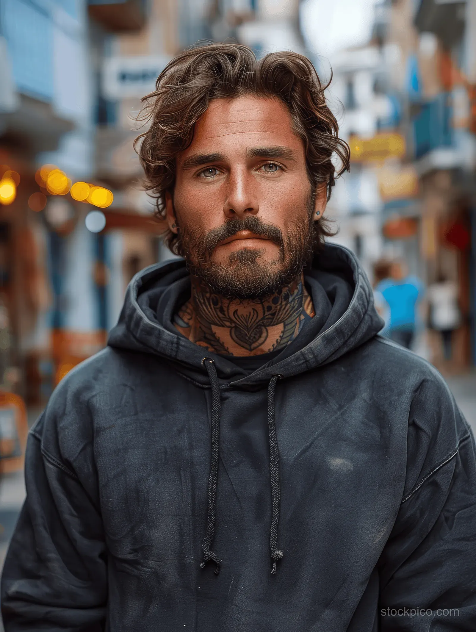Bearded man in a black hoodie posing on a city street with blurred lights in the background.