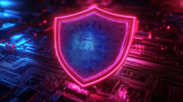 Neon pink security shield emblem hovers over a dark circuit board with blue glowing data traces.