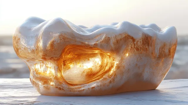 A golden tooth sculpture with enamel texture and bright metallic reflections on a white background.
