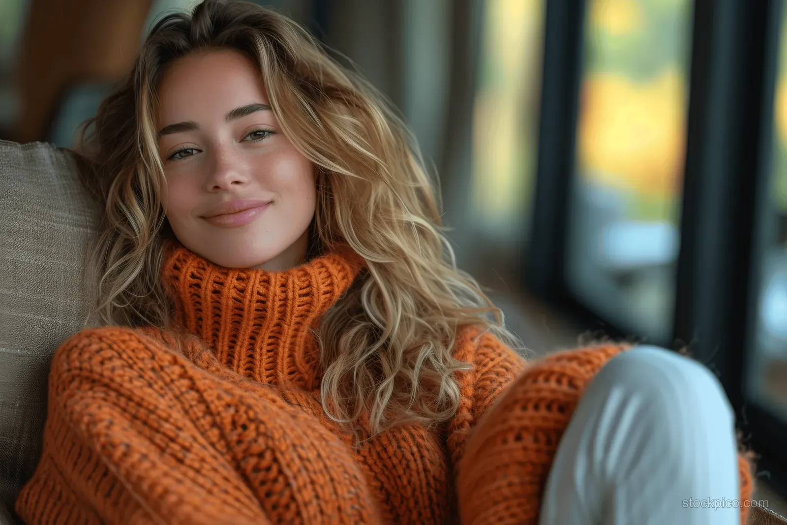 A young woman in an orange knit sweater reclines on a couch while warm daylight streams through nearby windows.