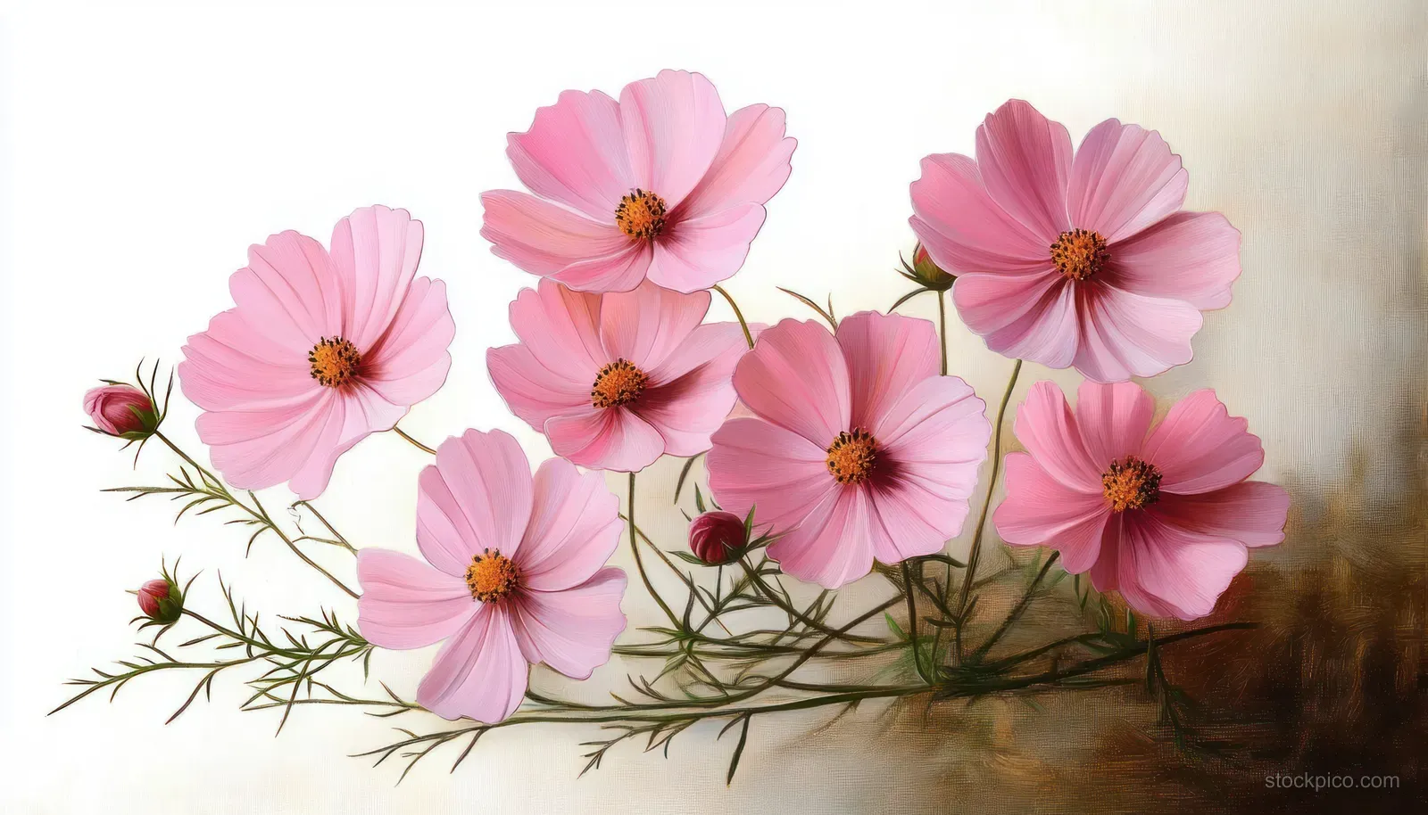 Pink cosmos flowers and buds on green stems arranged in a bouquet against a soft neutral background.