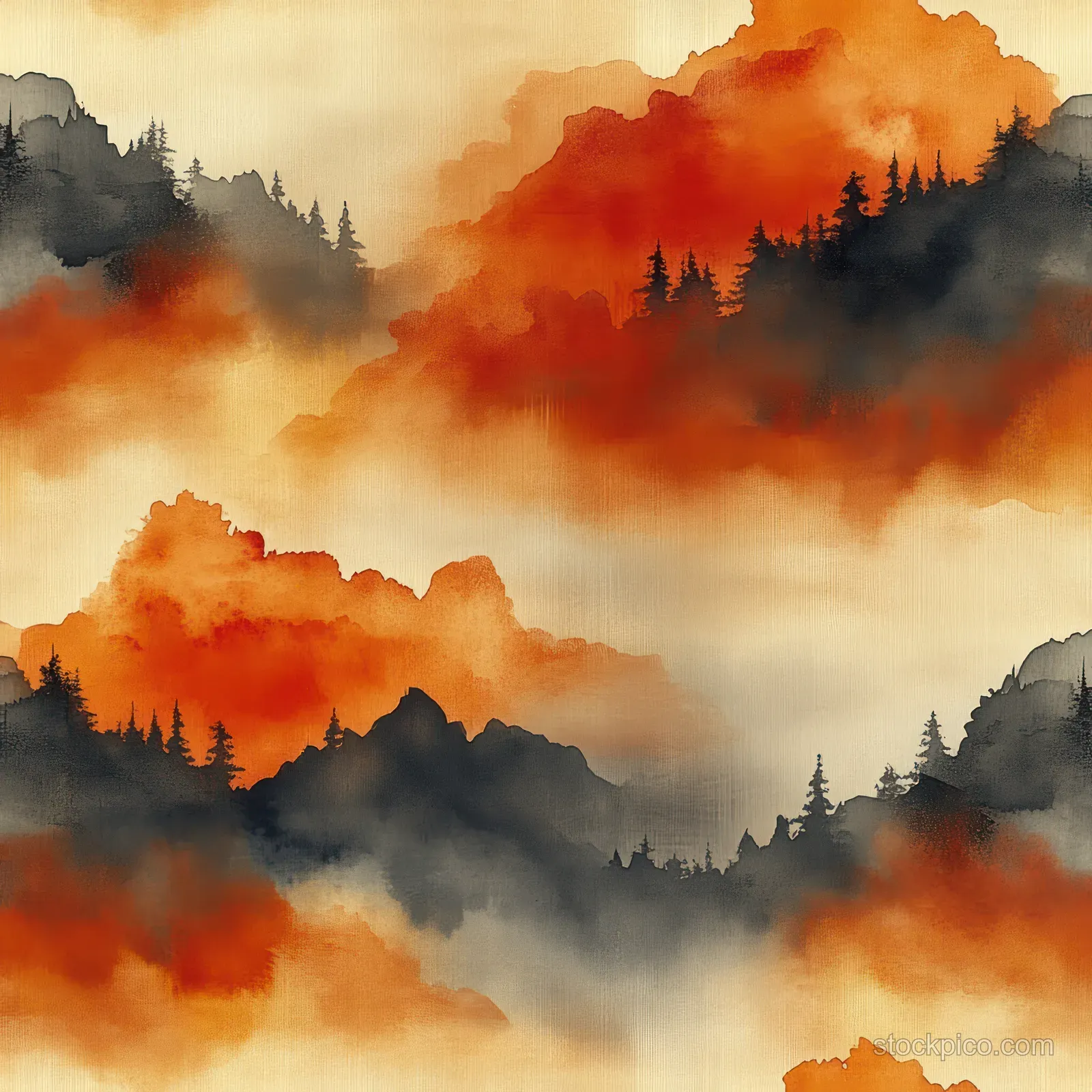 Seamless watercolor mountains with pine silhouettes and orange cloudlike haze fill the frame.