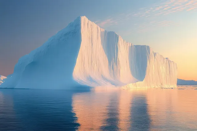 A large iceberg floats on calm reflective water under a clear sunset sky.