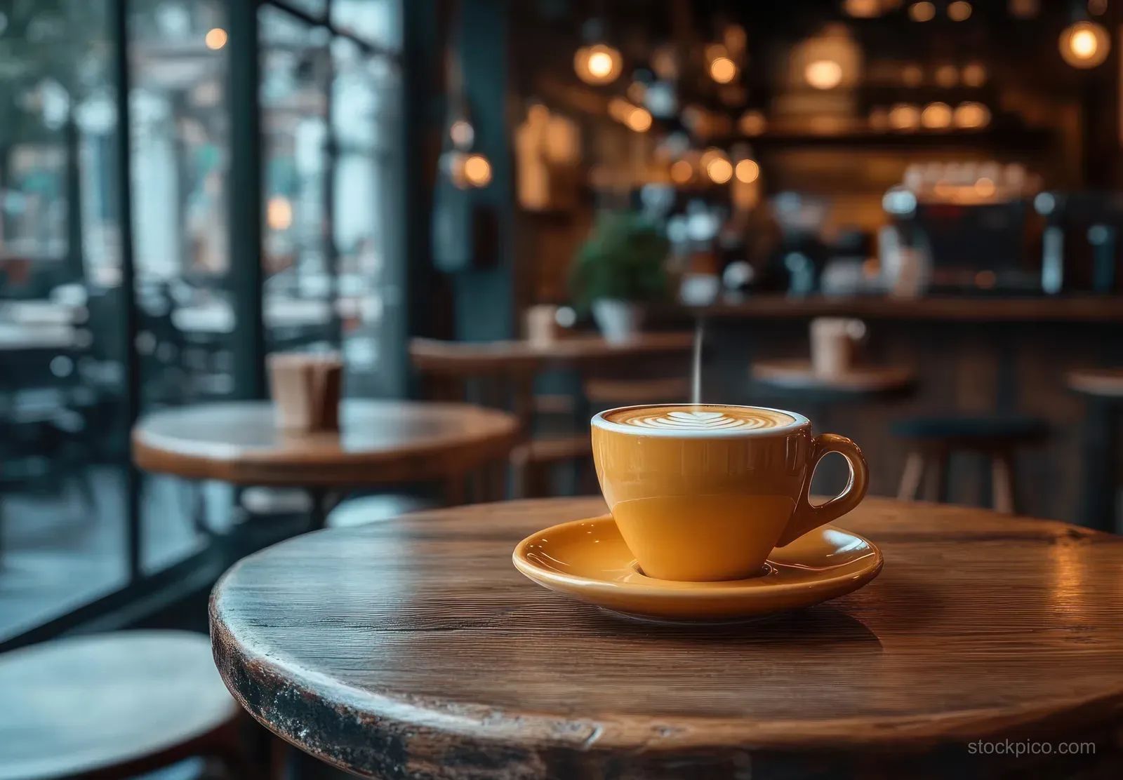 A steaming yellow latte cup with latte art rests on a saucer on a rustic wooden table in a cozy café.