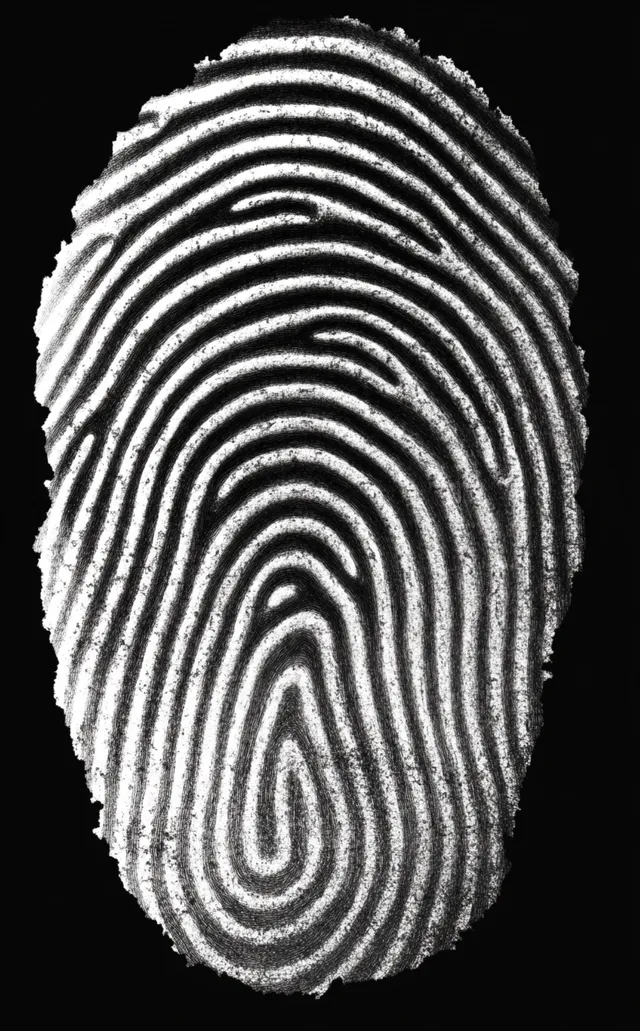 Close-up fingerprint ridges and whorls on black background with crisp white contrast