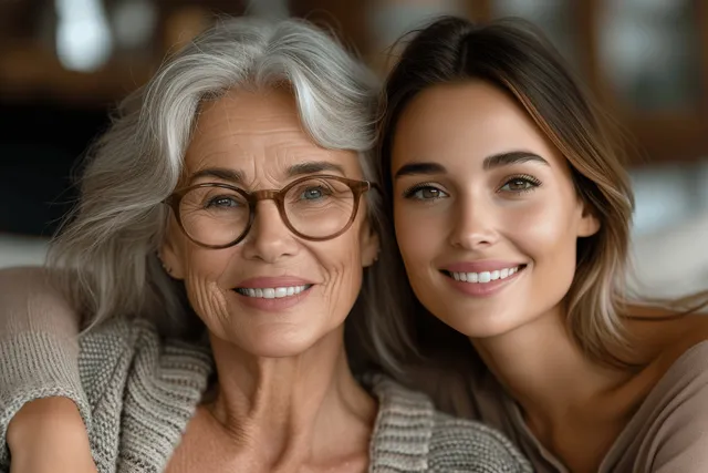 Senior mother and adult daughter laughing together at home, close-up warm light