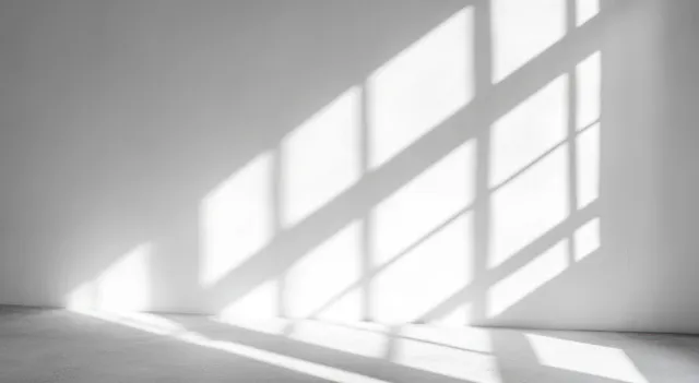 Sunlit window panes cast geometric shadow lines on a white wall and smooth floor in an empty room.