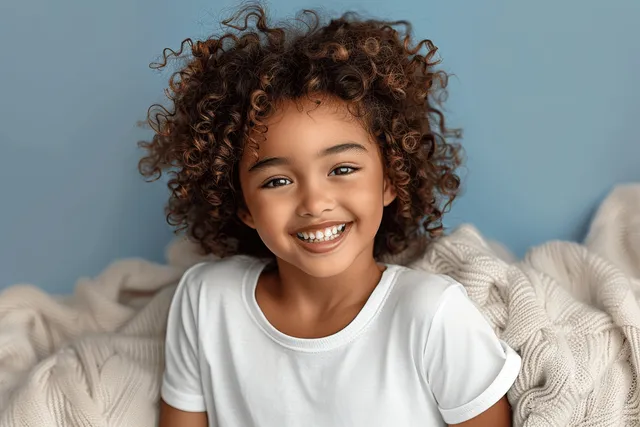 Smiling African American baby boy in a white T-shirt lies on a soft blanket.