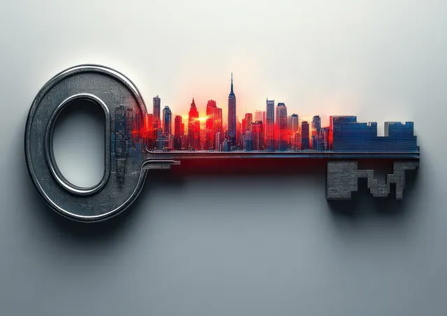 Chrome key with a glowing city skyline cutout behind it, showing tall skyscraper silhouettes.