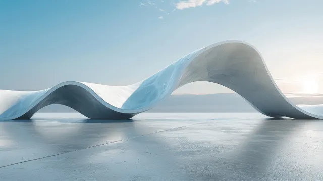 A blue abstract 3D wave sculpture sits on an empty concrete floor beneath a bright blue sky.