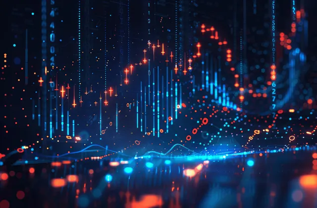 Glowing candlestick chart and data points flow across a dark futuristic trading interface.