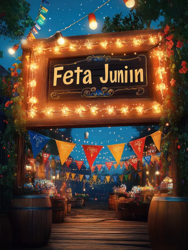 A glowing market entrance sign with string lights and colorful pennant banners along a wooden pathway at night.