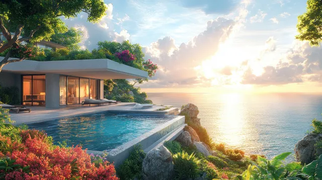 Modern villa overlooking the ocean with a pool, glass balcony, landscaped plants, and sunset glow on the coastline.