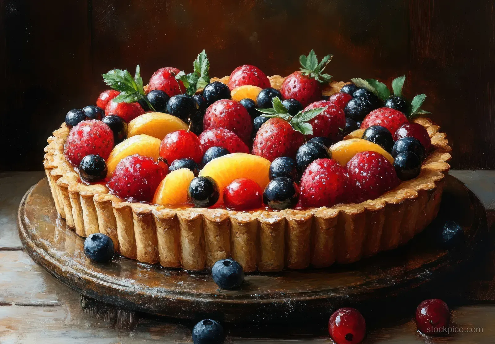 Round fruit tart topped with strawberries, blueberries, cherries, and peach slices on a wooden board.