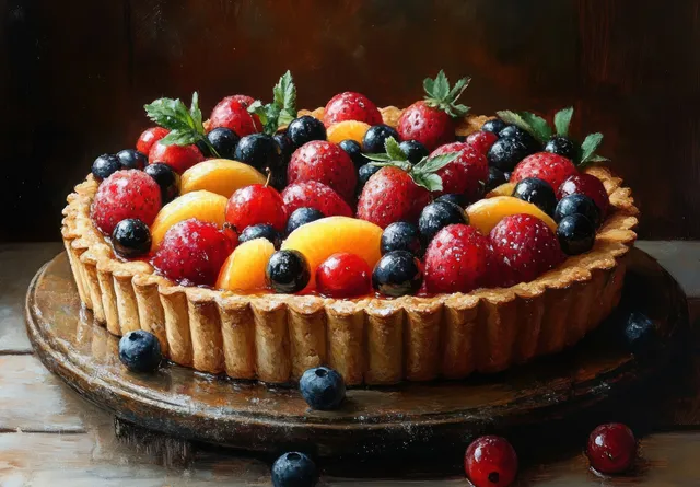 Round fruit tart topped with strawberries, blueberries, cherries, and peach slices on a wooden board.