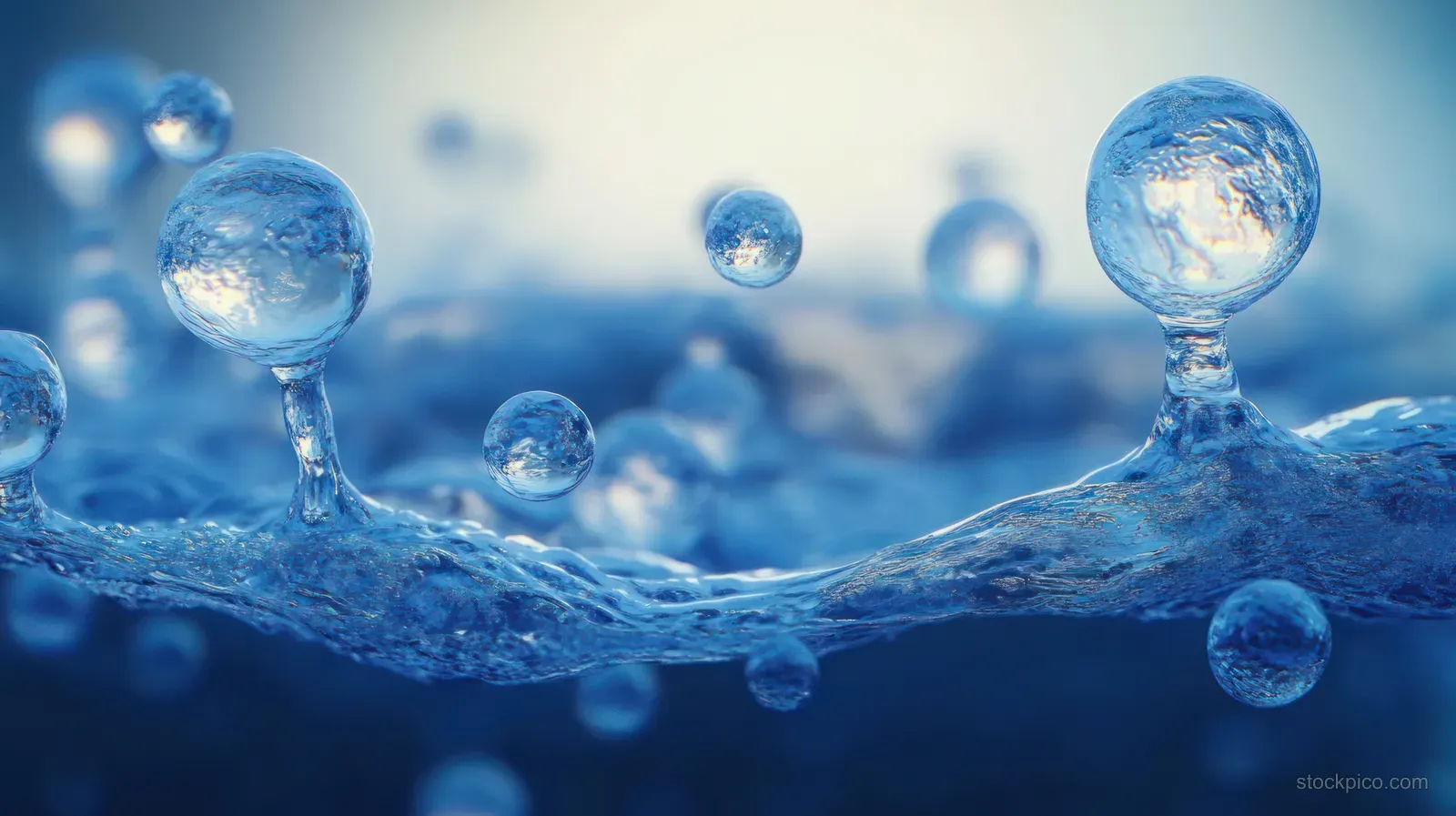 Water molecule spheres hover above a rippling blue liquid surface with soft dreamy lighting and bokeh.