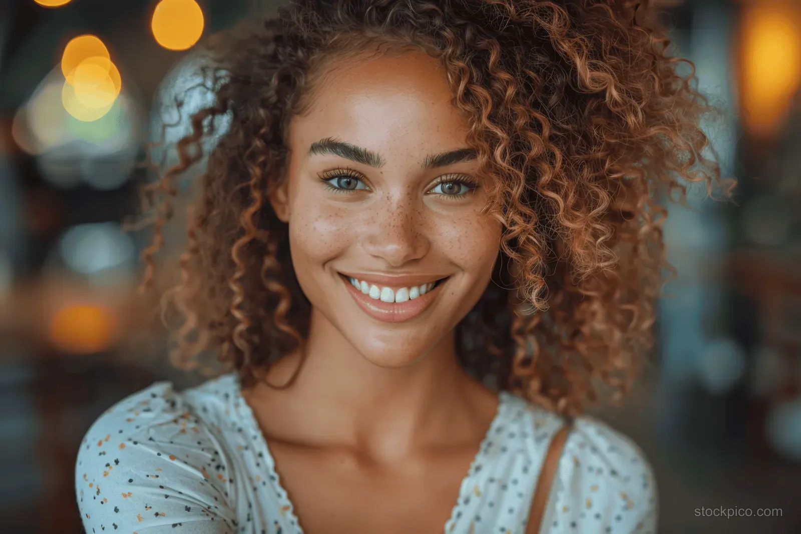 A young woman with curly hair and freckles smiles warmly in a close-up portrait with warm bokeh street lights.