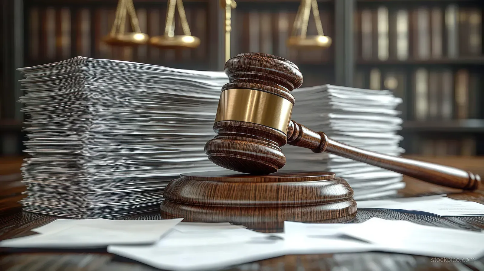 A wooden judge gavel sits beside stacks of court documents on a desk in a law library setting.