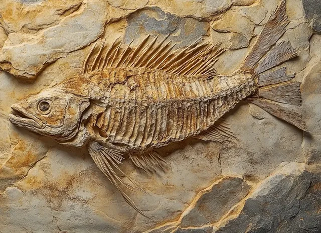 Fossilized prehistoric fish embedded in sedimentary rock, showing detailed fins and skeletal bones