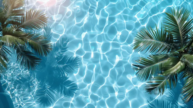 Turquoise pool water ripples under palm frond shadows, creating a sunlit summer abstract texture.
