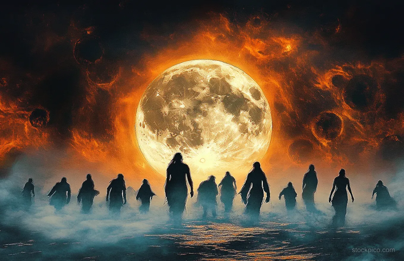 Silhouetted figures walk through fog toward a glowing full moon under a fiery cratered sky.