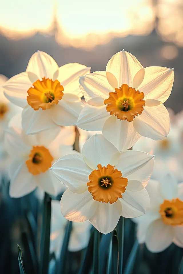 White daffodils with orange centers bloom in warm golden sunlight with a softly blurred garden background.