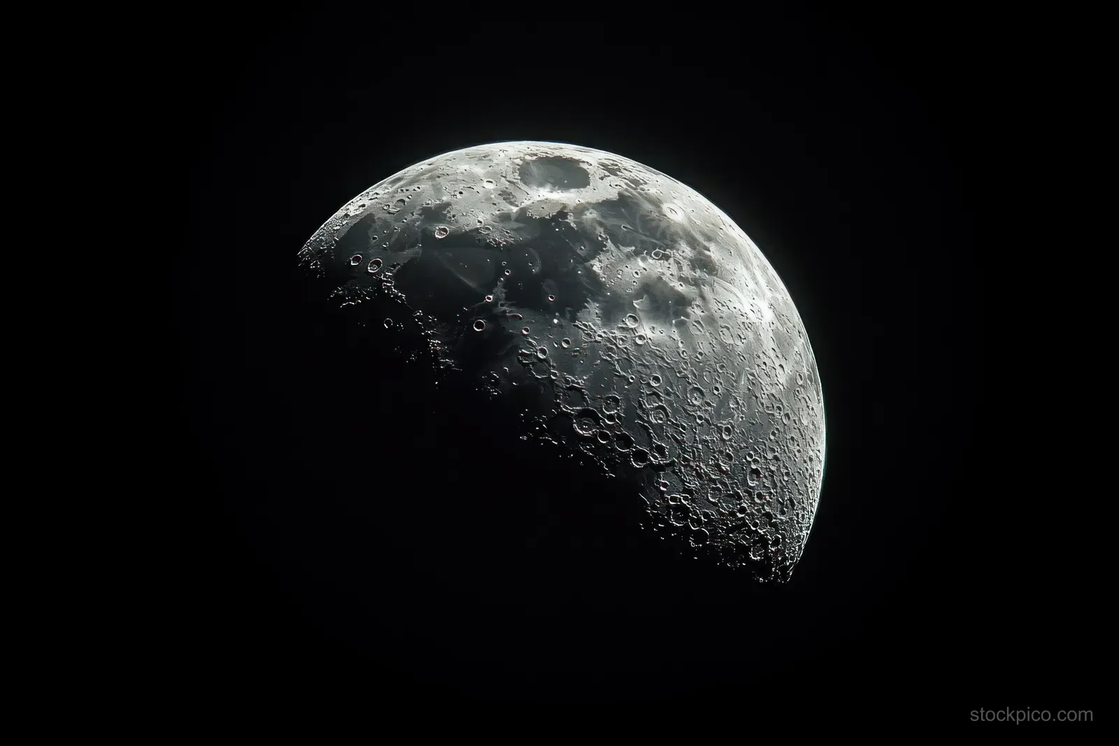 Half-illuminated moon close-up shows cratered lunar surface and a shadowed edge against black space.