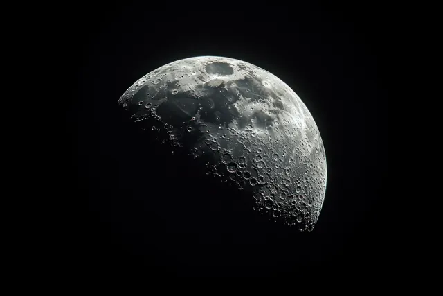 Half-illuminated moon close-up shows cratered lunar surface and a shadowed edge against black space.