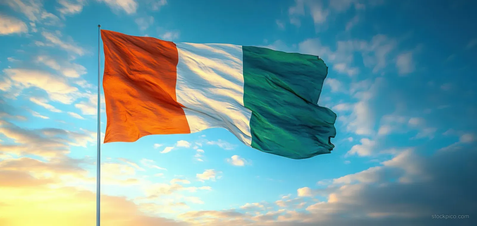 The Irish tricolor flag waves on a pole under golden-hour sunlight with dramatic clouds behind it.