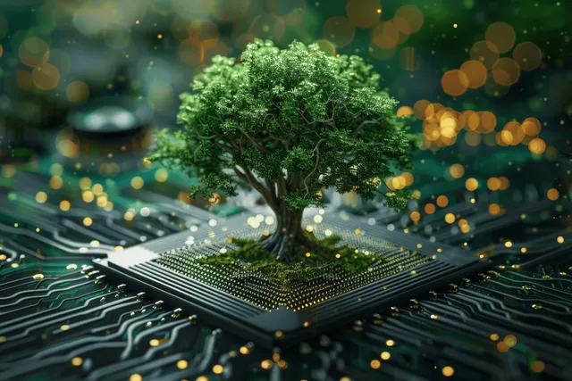 Tree sprouting from microchip circuit with glowing green tech lights and bokeh