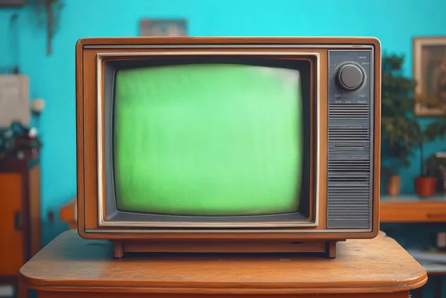 Vintage wooden TV set with a green static screen sits on a wooden table in a retro styled room.