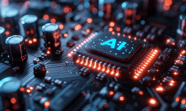 Close-up of a detailed AI microchip surrounded by illuminated circuitry with red and blue neon lighting for a high-tech appearance.