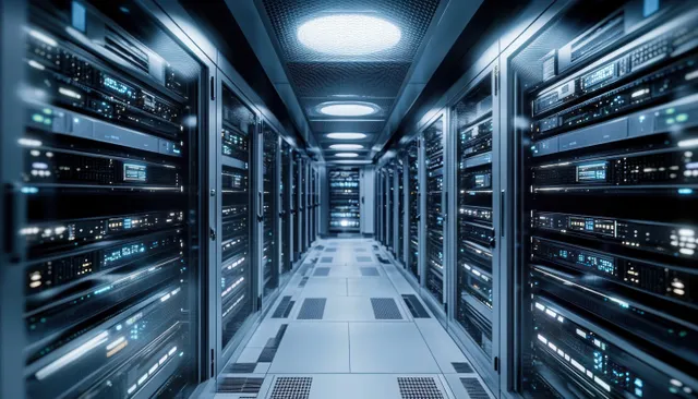 A long data center corridor with server racks and blinking LED status lights beneath blue ceiling lighting.