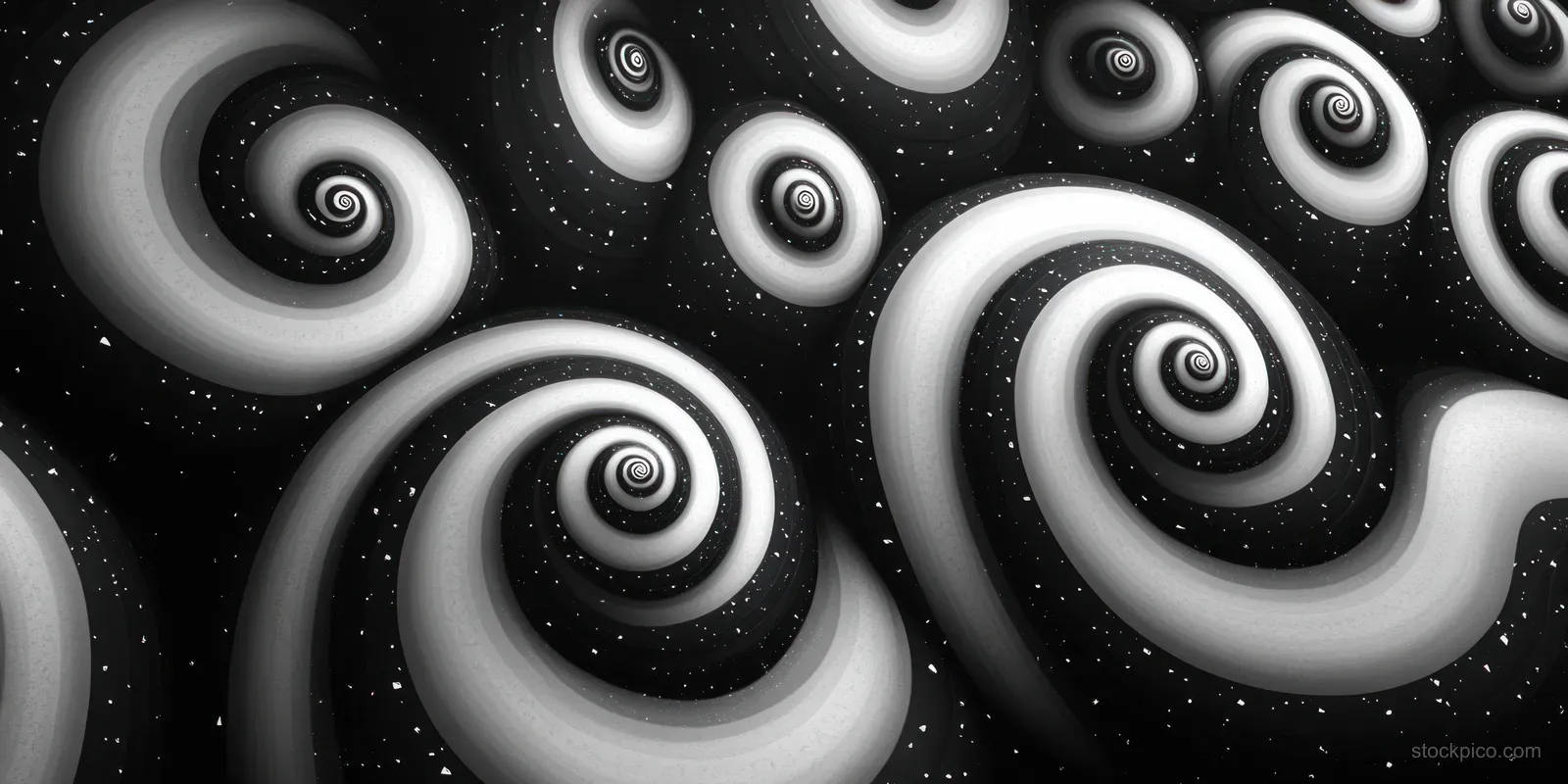 Repeating black background spiral curls with white concentric rings form an optical illusion pattern.