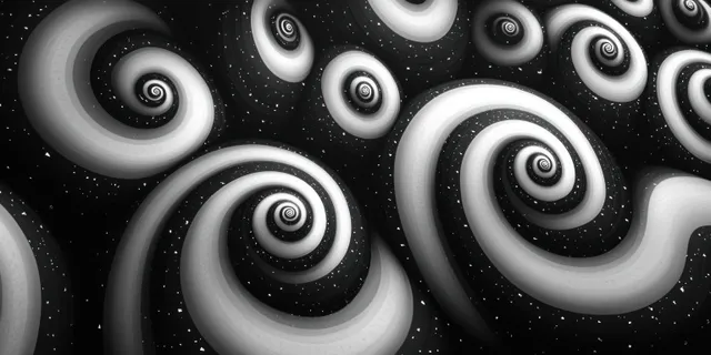 Repeating black background spiral curls with white concentric rings form an optical illusion pattern.