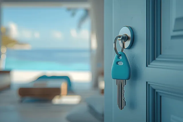 Modern door with a key at a luxury oceanfront apartment entrance, featuring a terrace with sea views.