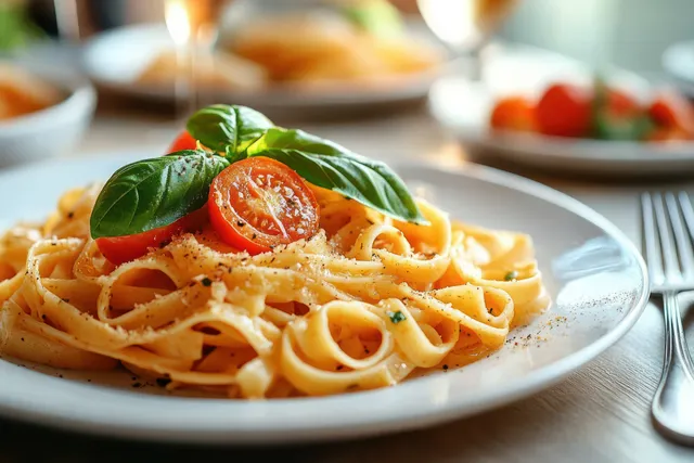 Creamy fettuccine on a plate with basil leaves and cherry tomatoes on a wooden table.