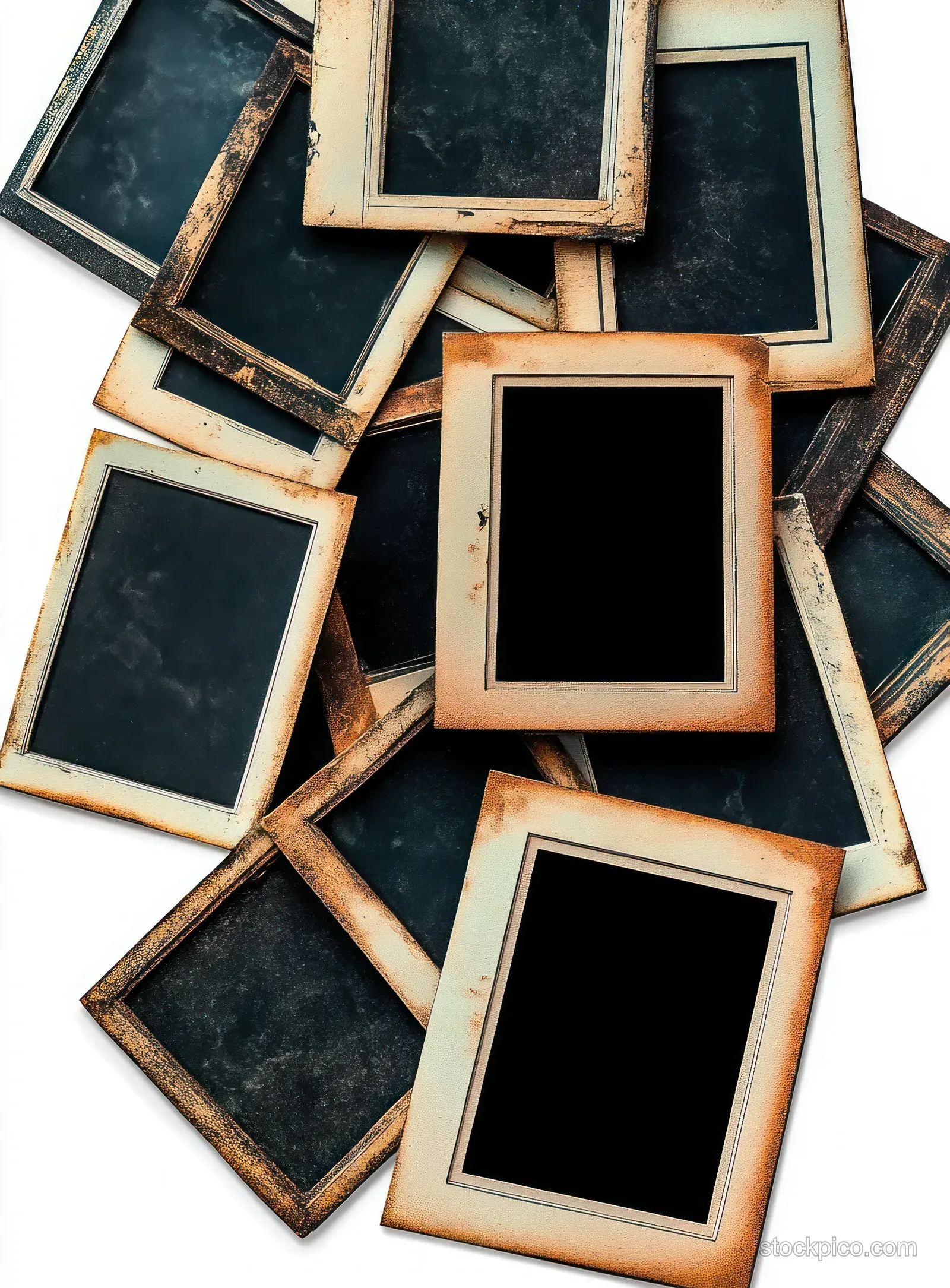 Scattered empty photo frames with dark backings and pale borders lie on a white background with soft shadows.