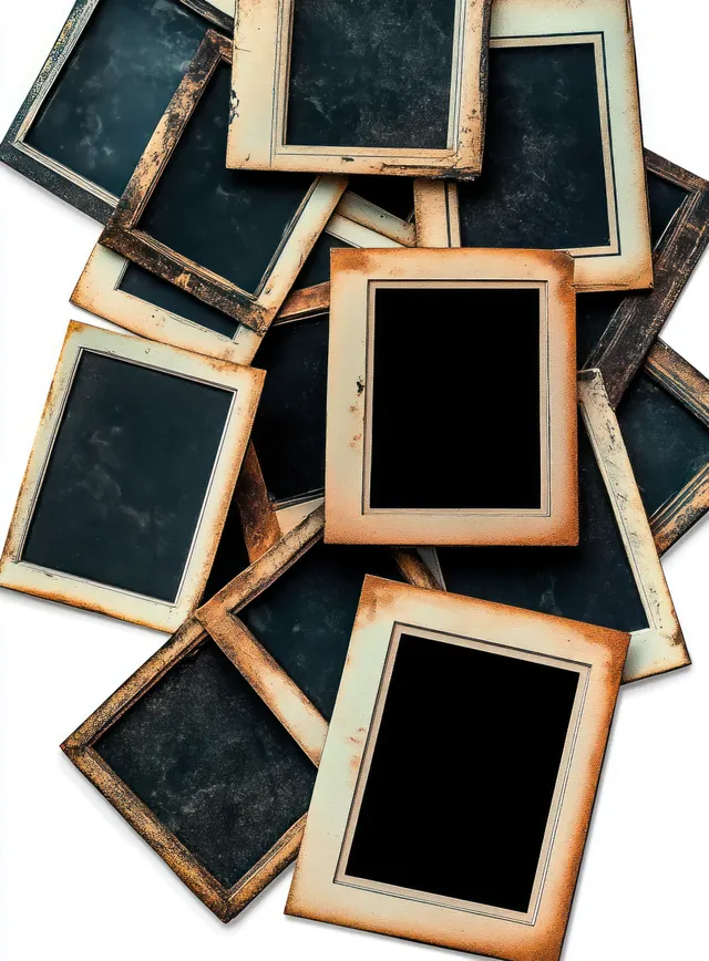 Scattered blank photo frames on white background with soft shadows and textured wood edges