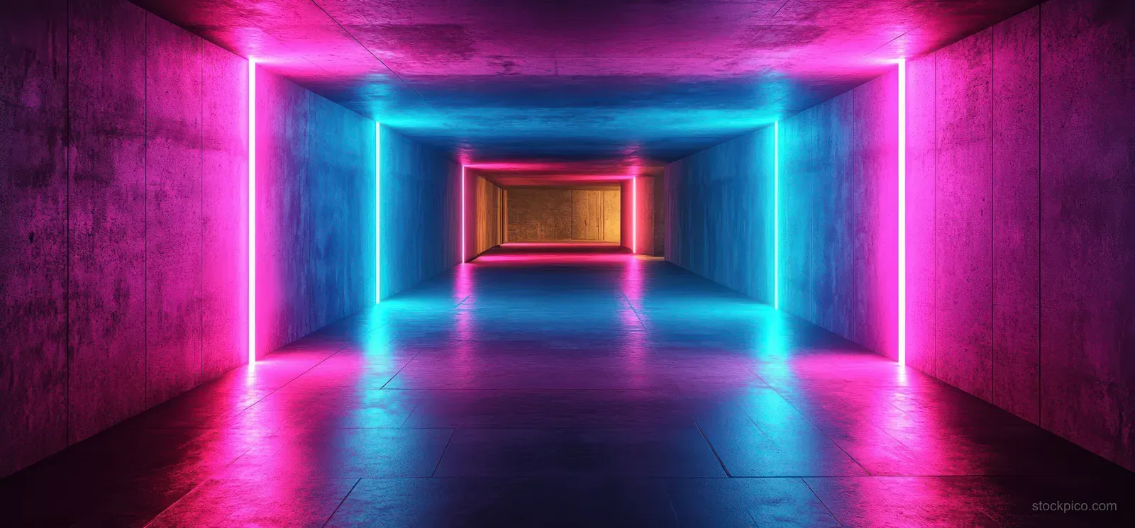Cyberpunk underground hallway with neon pink and blue lighting reflecting on a concrete floor in a deep corridor.