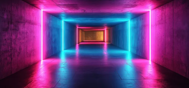 Neon pink and blue cyberpunk hallway corridor with glowing light rails, concrete walls, deep perspective