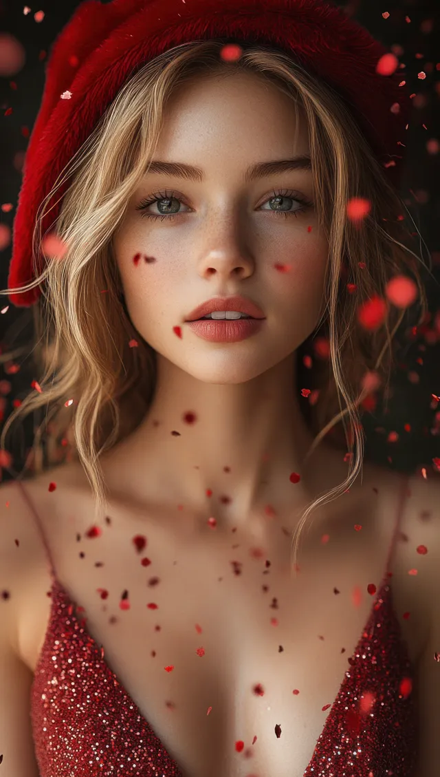 A smiling woman in a red dress and Santa hat stands as red confetti falls around her.
