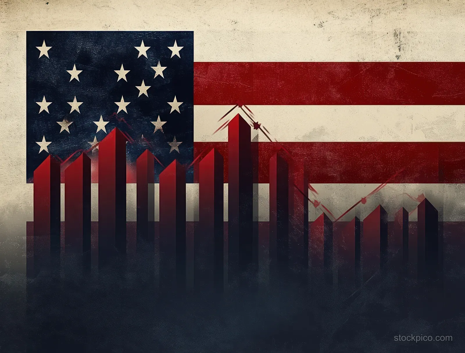 American flag behind rising and falling red bar arrows across a smoky dark finance chart.