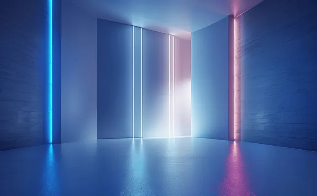 Empty minimalist blue room interior with vertical glowing light lines and a reflective floor.