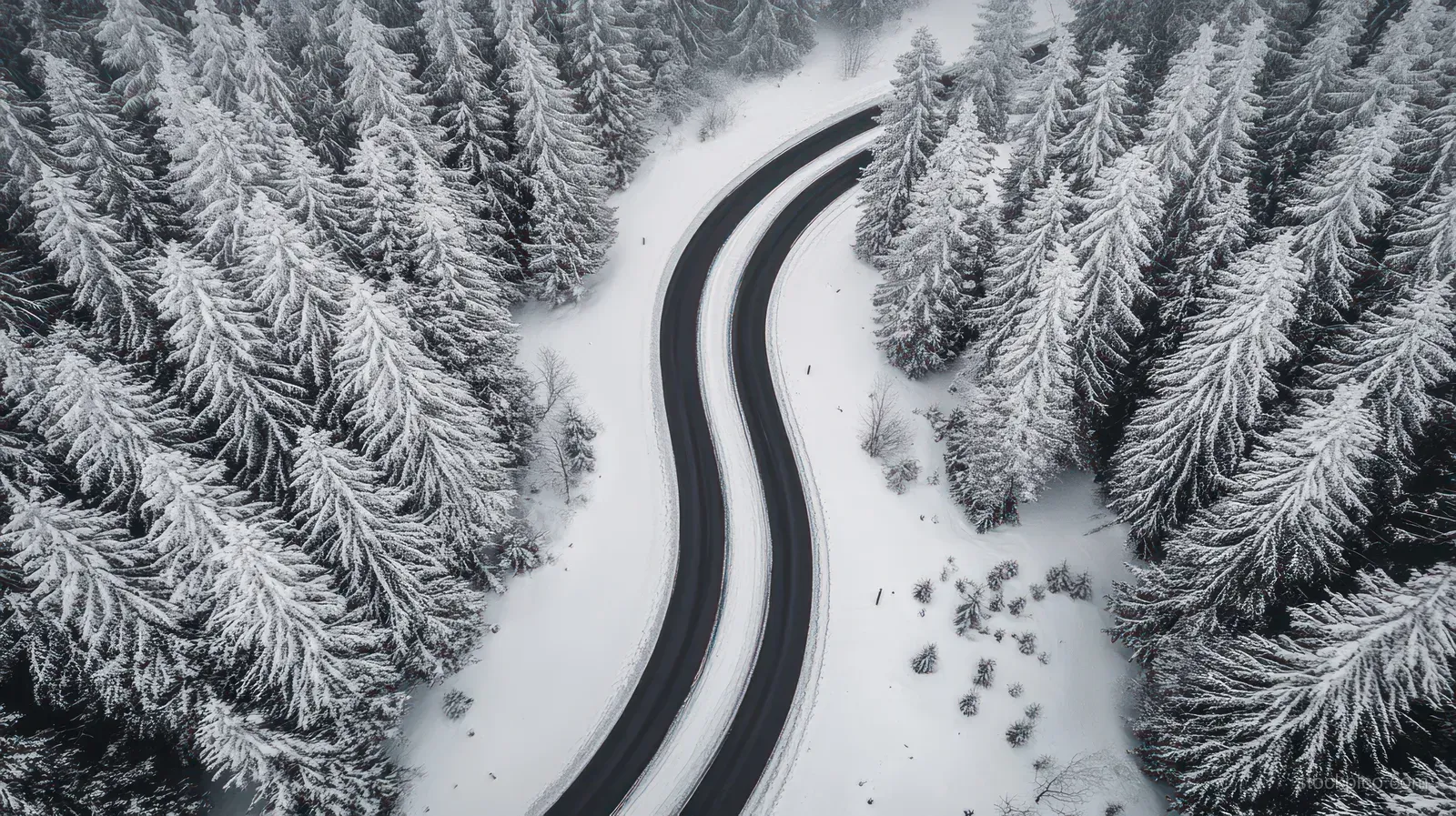 Winding snowy road curves through dense evergreen trees covered with fresh snow.