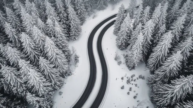 Winding snowy road curves through dense evergreen trees covered with fresh snow.