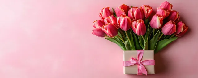 Pink and red tulip bouquet with ribbon gift box on soft pink background