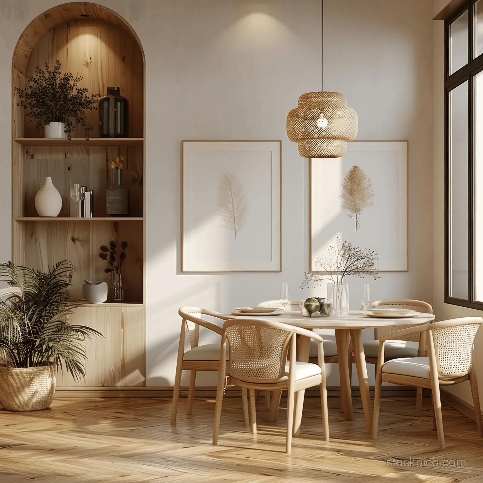 Scandinavian dining room with wooden shelf wall, round table, chairs, and a blank framed poster under warm pendant lights.
